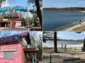Przyjezierze jezioro z piaszczystą plażą, placem zabaw i sklepikami. W oddali widać las.