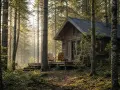 Uroczy domek w lesie, otoczony wysokimi drzewami. Promienie słońca przebijają się przez gałęzie, tworząc magiczną atmosferę.