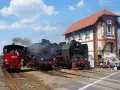 Parowóz 503 i dwa czarne parowozy na torach przed budynkiem z napisem WL. Muzeum Kolejnictwa Wolsztyn.