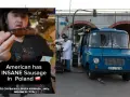 Amerykanin zachwycony kiełbaskami z Nyski, które uważa za najlepsze, jakie jadł. Obok niebieski food truck.