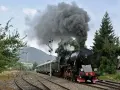 Parowozy w Polsce to widok jak z innej epoki. Czarny, dymiący potężny parowóz z wagonami na torach, w otoczeniu zieleni i gór.