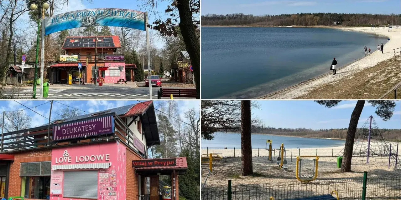 Przyjezierze jezioro z piaszczystą plażą, placem zabaw i sklepikami. W oddali widać las.