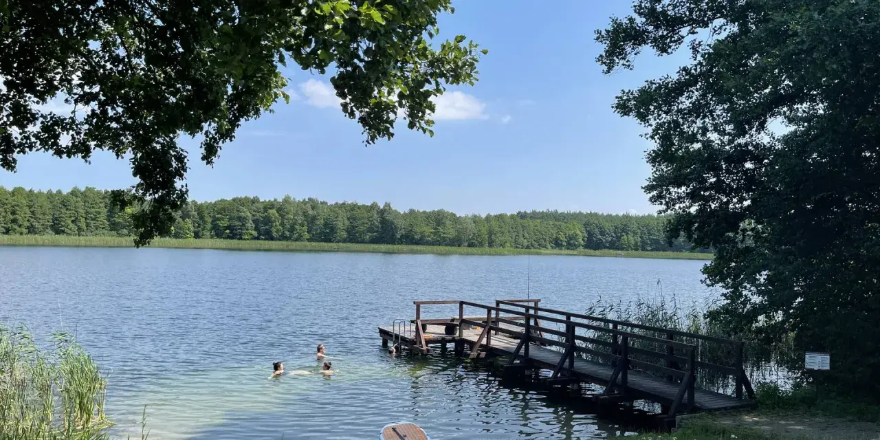 Idealne miejsce na agroturystykę dla dzieci nad jeziorem. Kąpielisko, pomost, deska SUP i mnóstwo zieleni.