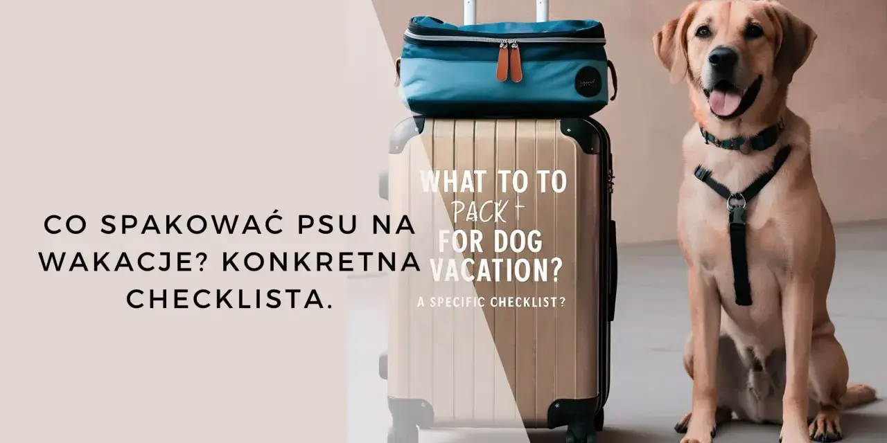 Uśmiechnięty pies obok walizki i torby podróżnej. Tekst: "Co spakować psu na wakacje? Konkretna checklist." Idealny przewodnik na wakacje z psem.