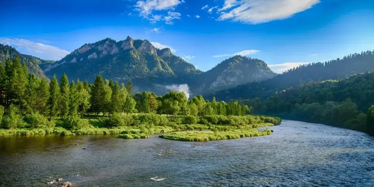 Malowniczy Dunajec w Pieninach, idealne miejsce na wakacje. Góry, lasy i błękitne niebo tworzą bajkowy krajobraz.