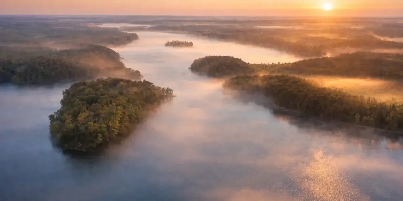 Mglisty poranek nad jeziorem Mukrza. Słońce wschodzi nad lasami, tworząc złote refleksy na wodzie i unosząc się nad mgłą.