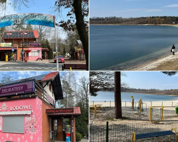 Przyjezierze jezioro z piaszczystą plażą, placem zabaw i sklepikami. W oddali widać las.