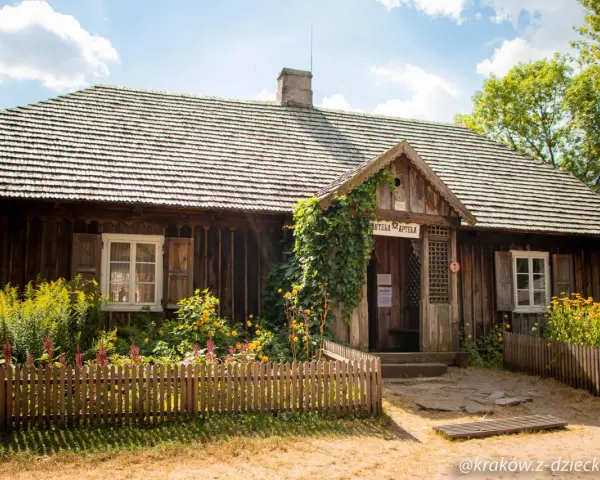 Drewniana apteka w Muzeum Wsi Kieleckiej, otoczona kwitnącym ogrodem i ogrodzona płotkiem.