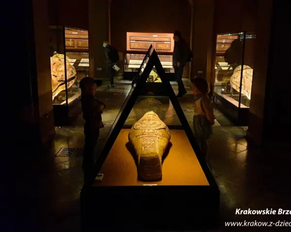 W muzeum archeologicznym w Krakowie dzieci oglądają starożytną mumię w sarkofagu.