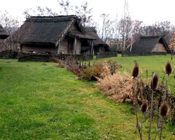 Park archeologiczny Osada VI Oraczy. Drewniane chaty z krytymi strzechą dachami, otoczone plecionymi płotkami, na tle jesiennej zieleni.