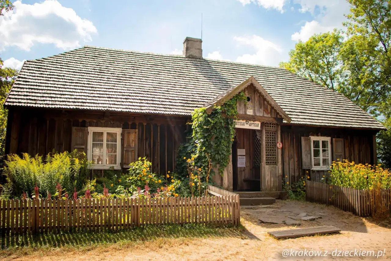 Drewniana apteka w Muzeum Wsi Kieleckiej, otoczona kwitnącym ogrodem i ogrodzona płotkiem.