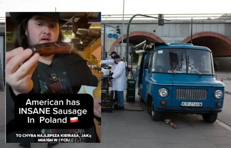 Amerykanin zachwycony kiełbaskami z Nyski, które uważa za najlepsze, jakie jadł. Obok niebieski food truck.